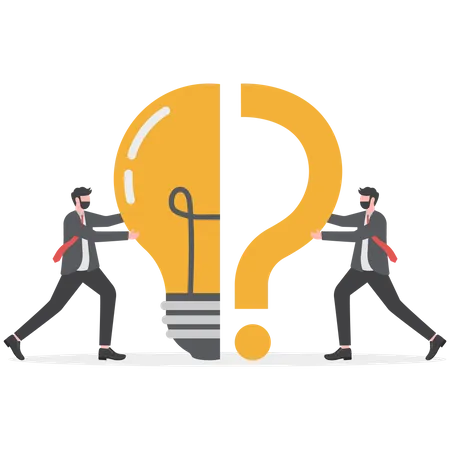 Business people standing with question marks then help hand put the lamp halfway to solve the bright problem  Illustration