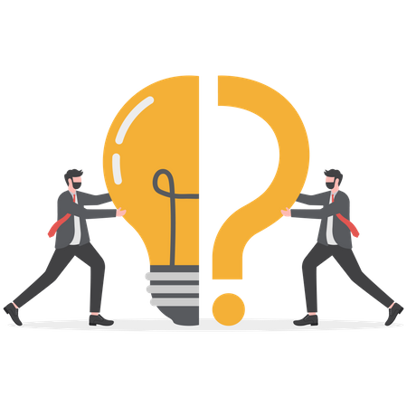 Business people standing with question marks then help hand put the lamp halfway to solve the bright problem  Illustration
