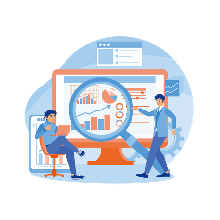 Business people study infographic data on computer  Illustration