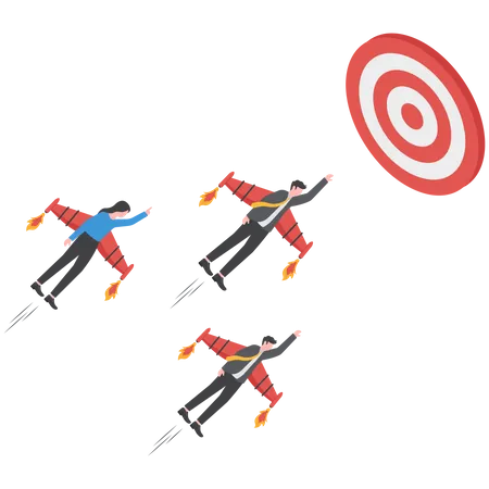 Team Target Teamwork Or Professional Aiming And Reach Business Goal Work Achievement Cooperation To Success Leadership Or Challenge Concept Business People Superhero Fly To Reach Target Bullseye Illustration