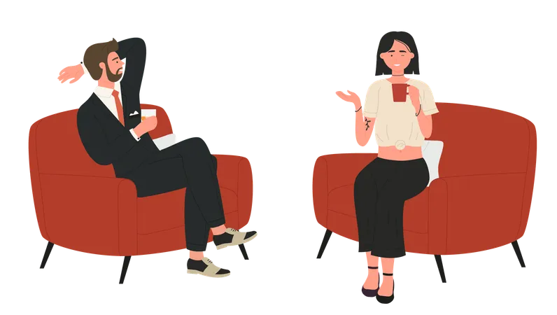 People Talk Vector Illustration Cartoon Young Man Woman Friend Or Colleague Characters Sitting In Armchairs Talking Taking Coffee Break Together Relaxing On Lunch Time Drinking Tea Background Illustration