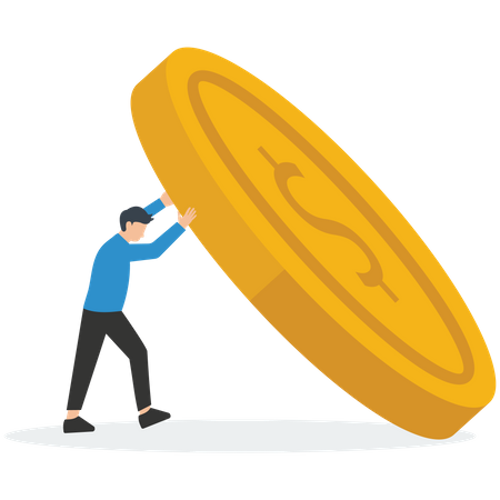 Business people try to raise a large coin  Illustration