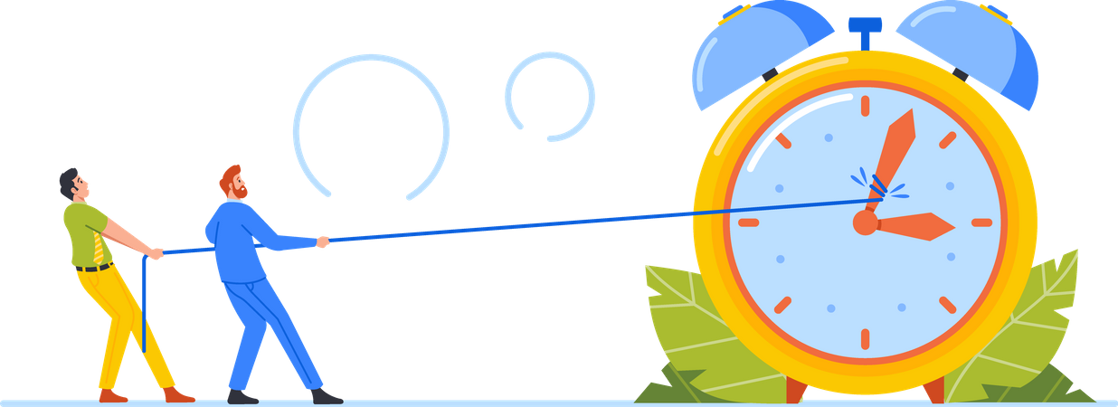 Business people Trying to Stop or Slowdown Time Pulling Alarm Clock Arrows with Strap  Illustration