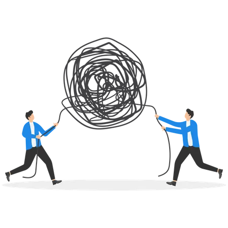 Business People Pulling At Tangled Rope In Opposite Directions Thinking Process Or Creativity To Solve Problems Concept Vector Illustration 일러스트레이션