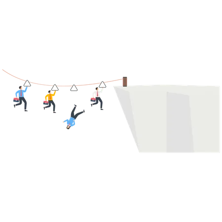 Business people use ropes to slide to another mountain and risk falling off the cliff while sliding  イラスト