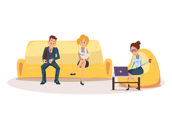 Woman On Bean Bag Chair Employee Sit On Couch Business People Wait For Job Interview On Sofa Female Worker With Cup Of Tea Or Coffee Work By Computer On Table Cartoon Flat Vector Illustration Illustration