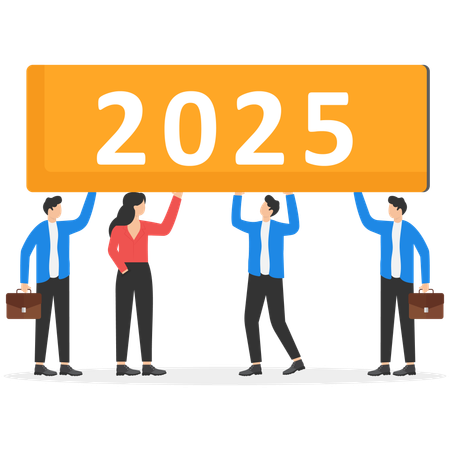 Business people walking together holding word 2025  Illustration