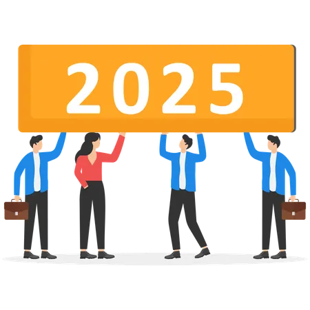 Business people walking together holding word 2025  Illustration