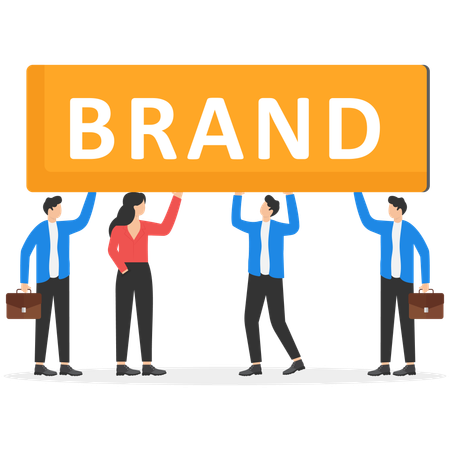 Business people walking together holding word BRAND  Illustration