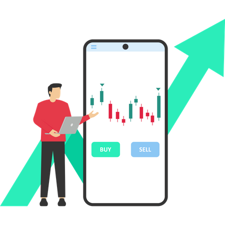 Business people who trade stocks buy and sell stocks with a mobile app  イラスト