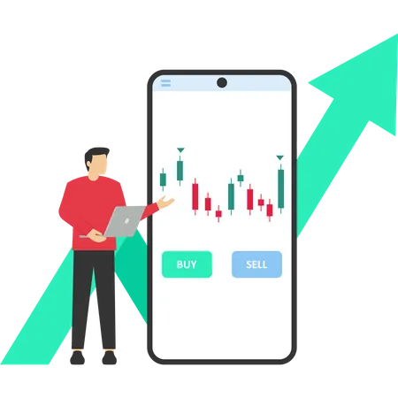 Business people who trade stocks buy and sell stocks with a mobile app  イラスト