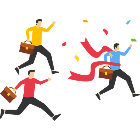 Business people win race celebrating victory at finish line  Illustration