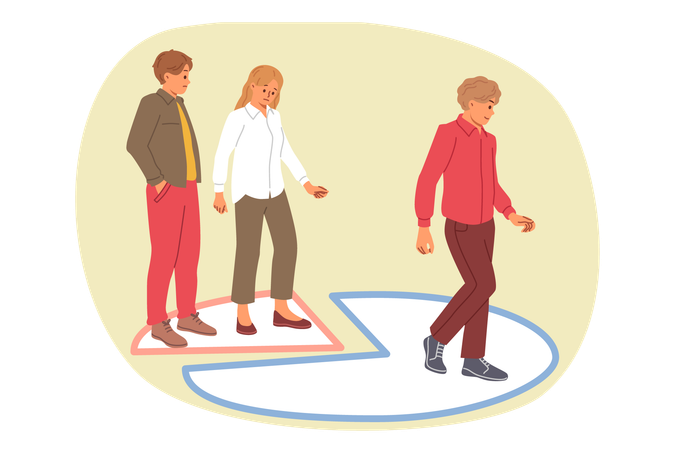 Business people with financial income inequality stand on different parts of economic diagram  Illustration