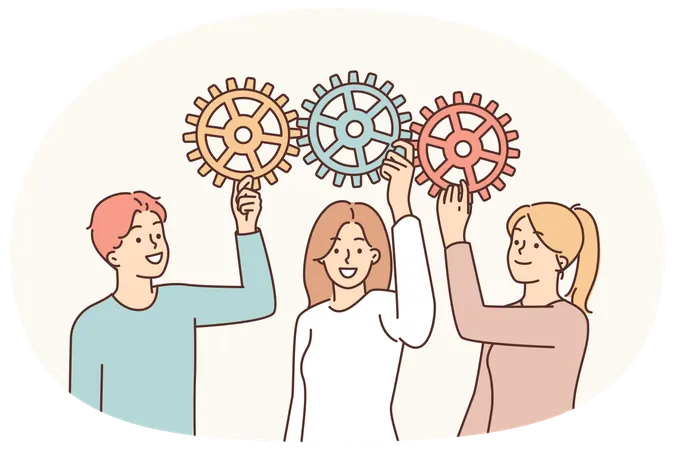 Business people with gears symbolize collaboration between company employees for implementation KPI  Illustration