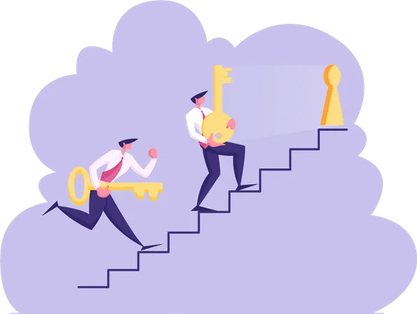 Couple Of Business Men Character Carry Heavy Huge Golden Keys Upstairs Try To Unlock Keyhole Competition Challenge Leadership Career Growth Business Task Solution Cartoon Flat Vector Illustration Illustration