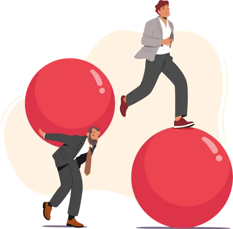 Hard And Easy Problems Solving Concept Business People Characters With Huge Balls Career Challenge And Goal Achievement Team Solve Heavy Task With Different Ways Cartoon Vector Illustration イラスト