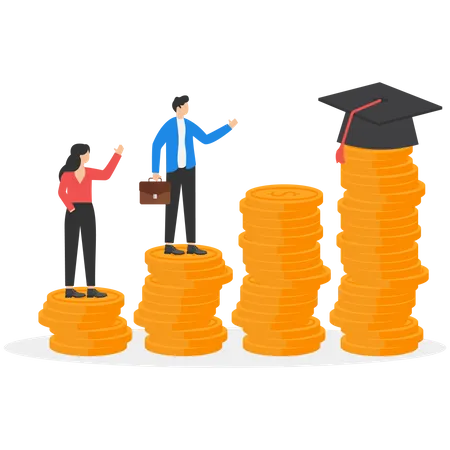 Business People With Stacks Of Gold Coins Wearing Academic Graduation Hat Mortarboard Hat Tuition Fees Scholarship Flat Vector Illustration 일러스트레이션