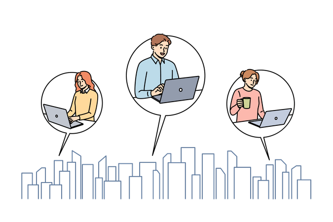 Business people work from own apartments in different parts of city with skyscrapers  Illustration