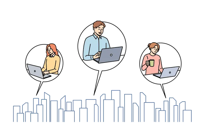 Business people work from own apartments in different parts of city with skyscrapers  Illustration