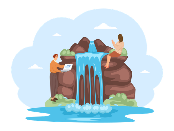 Business people working near waterfall  Illustration