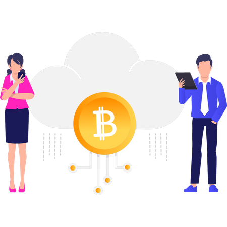 Business people working on bitcoin cloud computing Illustration
