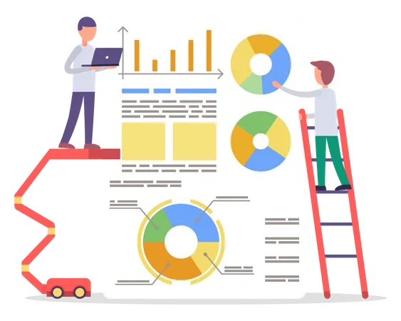 Man Standing On Ladder And Presenting Information Big Board With Analytics Data On Charts And Diagrams Financial And Statistics Business Reports Man Working On Laptop Vector Illustration In Flat Illustration