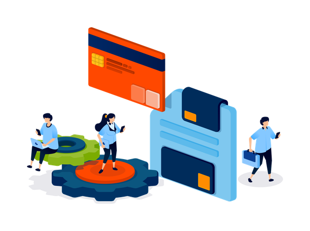 Business people working on credit card storage  Illustration