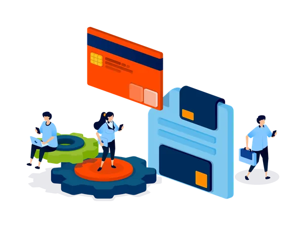 Business people working on credit card storage  Illustration