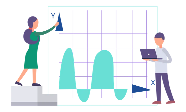 A Man With A Laptop Is Standing Next To The Drawing Graph And Working Or Studying On The Computer The Girl Standing On The Steps Is Attaching The Triangle To The Diagram On The Background Analytics Illustration