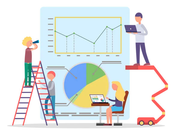 Big Board With Analytics Data Charts And Colorful Diagrams Man Stand On Ladder And Watch Information Financial And Statistics Reports Woman Work On Laptop Vector Illustration In Flat Style Illustration
