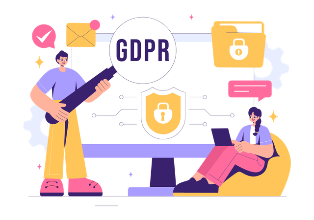 GDPR 데이터 보호 규정에 따라 일하는 사업가들  일러스트레이션