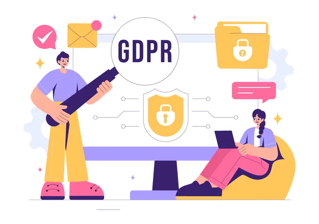 GDPR 데이터 보호 규정에 따라 일하는 사업가들  일러스트레이션