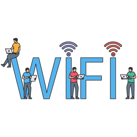 Wifi 연결을 위해 노력하는 사업가들  일러스트레이션