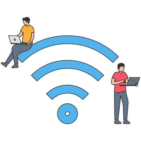 Wifi 네트워크에서 작업하는 사업가들  일러스트레이션