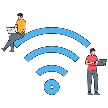 Wifi 네트워크에서 작업하는 사업가들  일러스트레이션