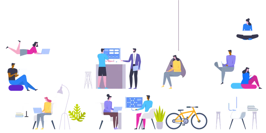 Office Interior Creative Modern Workplaces People Work In A Team Business Workflow Management And Office Situations Vector Illustration Illustration
