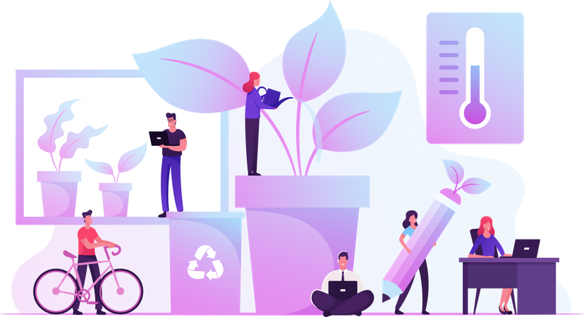 Business People Working Together in Eco Friendly Office Illustration
