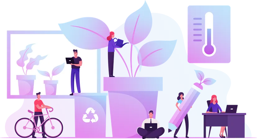 Business People Working Together in Eco Friendly Office Illustration