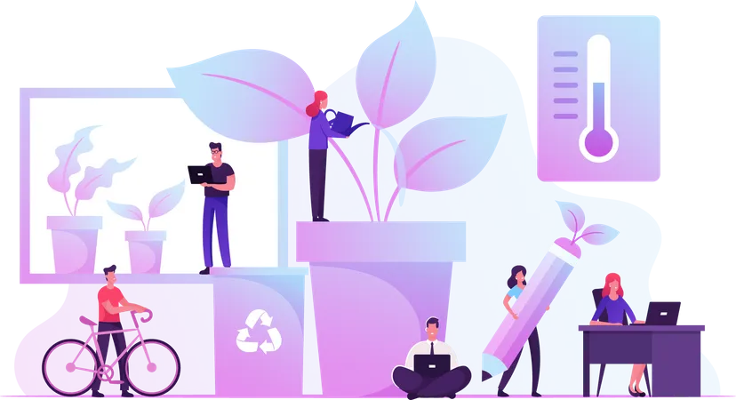 Business People Working Together in Eco Friendly Office  Illustration