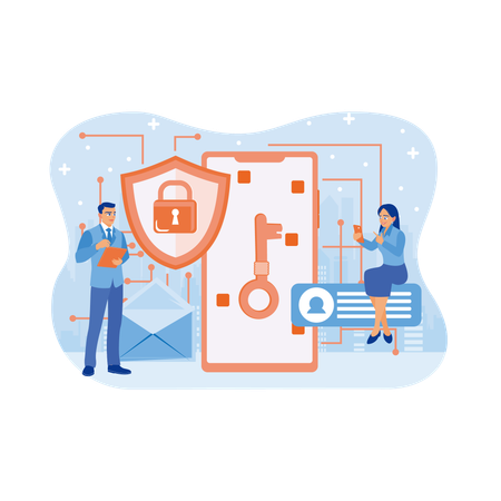 Business people works on mobile security  Illustration