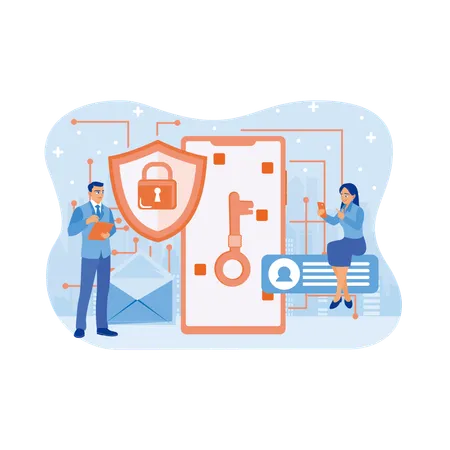 Business people works on mobile security  Illustration