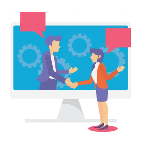 Abstract Business People Standing Shake Hand With Speech Bubble Monitor Computer Similitude Agreement To Join Work Together Business Concept Flat Vector Illustration Illustration