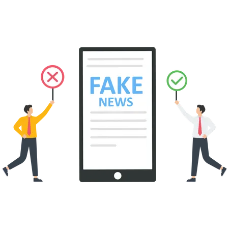 Business person hold the right sign and wrong sign looking fake news on a mobile phone  Illustration