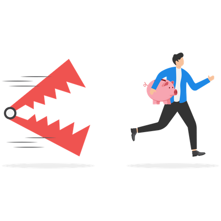 Business person holding piggy bank and run away from traps  Illustration