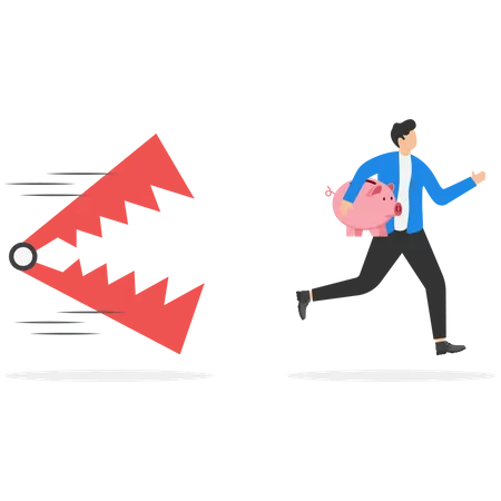 Business person holding piggy bank and run away from traps  Illustration