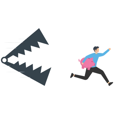 Business person holding piggy bank and running away from traps  Illustration