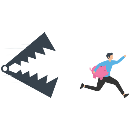 Business person holding piggy bank and running away from traps  Illustration