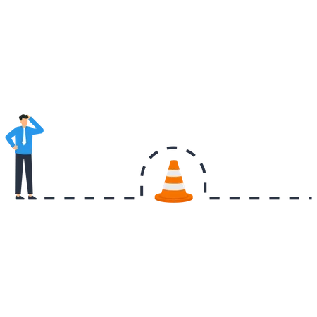 Business Person Jump Pass Traffic Pylon Roadblock Overcome Business Obstacle Illustration