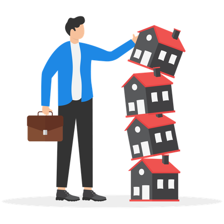 Business person pushed down the piled up house  Illustration