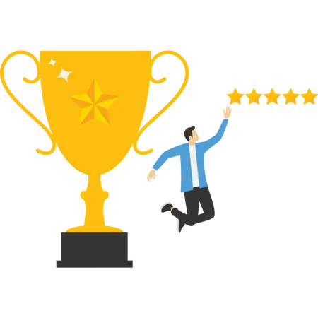 Business People Raise Success Trophies With Five Star Rating Vector Illustration In Flat Style Illustration